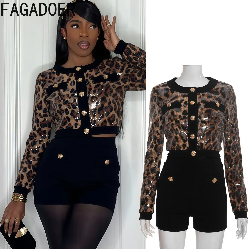 

FAGADOER Sexy Leopard Glitter 2 Pieces Set for Woman Outfits Long Sleeves Single Breasted Crop Top and Shorts Female Streetwear