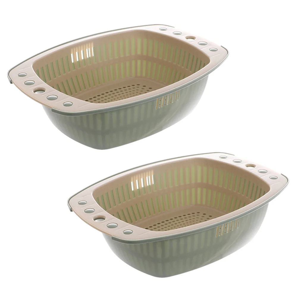 2 Pcs Draining Basket Fruit Strainer Double-layer Vegetable Washing Basin Green