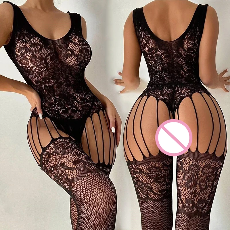 Teddy Crotchless Tights Erotic Lingerie Women Black Full Body Stockings High Fishnet Sexy Pantyhose Floral Mesh Hollow Tights
