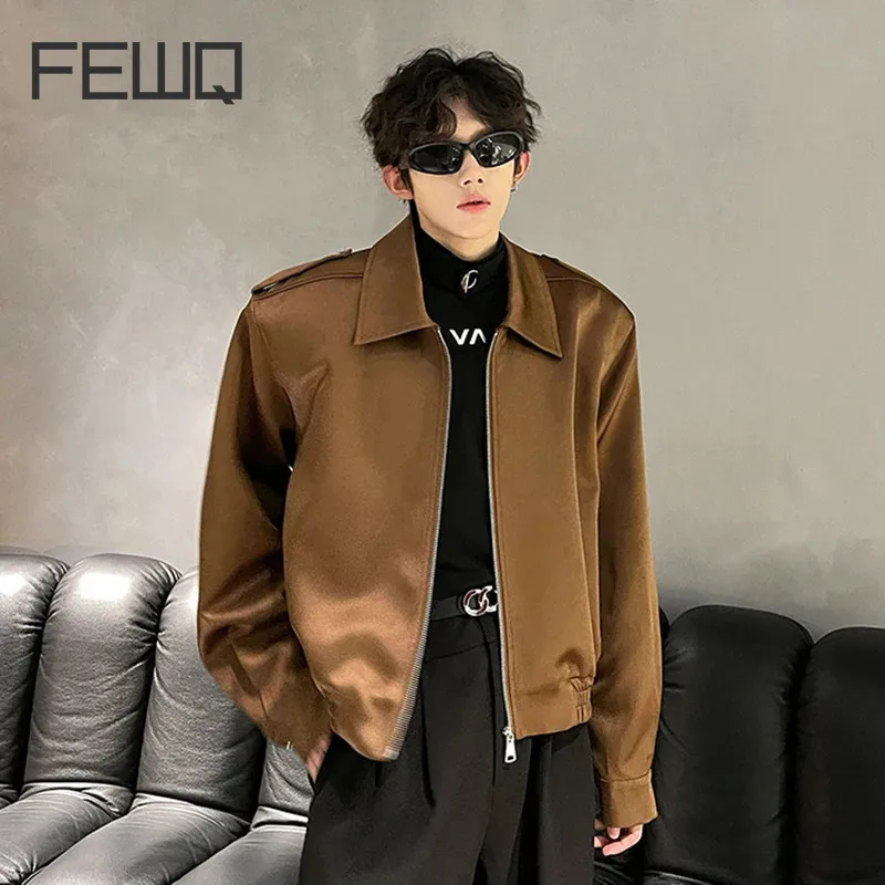 FEWQ Simple Men's Jacket Shoulder Pads Zipper Turn-down Collar Solid Color Trendy Male Short Coats Autumn Korean Style 24E2256