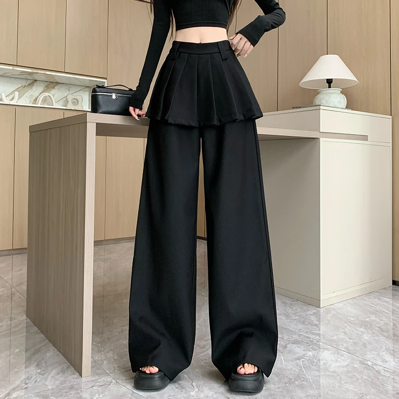 Wide Leg Casual Trousers Women Design Fake Two Pleated Skirt Pants Loose Black Pants Fashion Culottes Pantalones Mujer