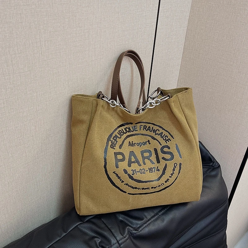 

Модная холщовая сумка-тоут с буквенным принтом, стильная вместительная сумка через плечо с цепочкой для повседневного использования.