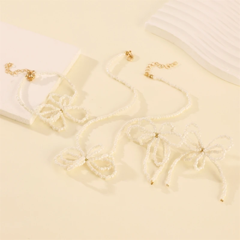 Fashionable Beaded Bowtie Themed Jewelry Set Butterfly Knot Necklace Bracelet Earrings Stylish Bowknot Accessory image 5