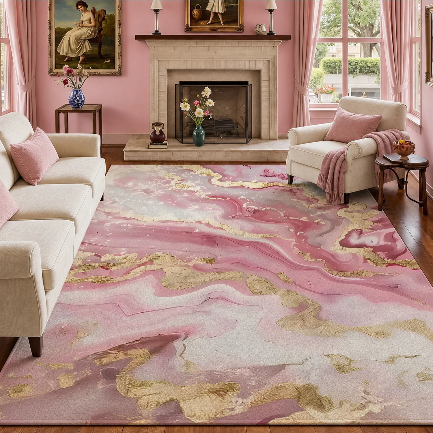 Large Indoor Area Rug, Soft Velvet Low Pile with Non-Slip Dotted Backing, Machine Washable, Pink Gold Marble Abstract Pattern Rug for Living Room Bedroom Modern Home Decor