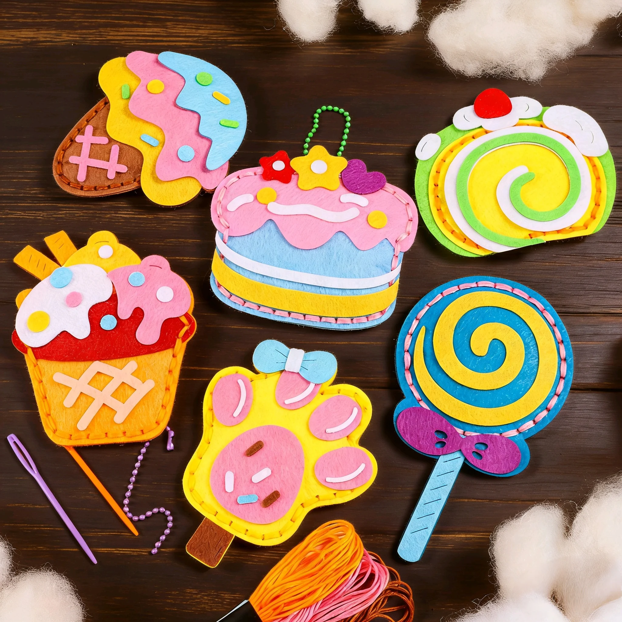 Cute Dessert Cake DIY Sewing Kit - 6-PieceWallet Charm Craft Set, Creative Handmade BirthdayGift for Girls and Best Friends Fun