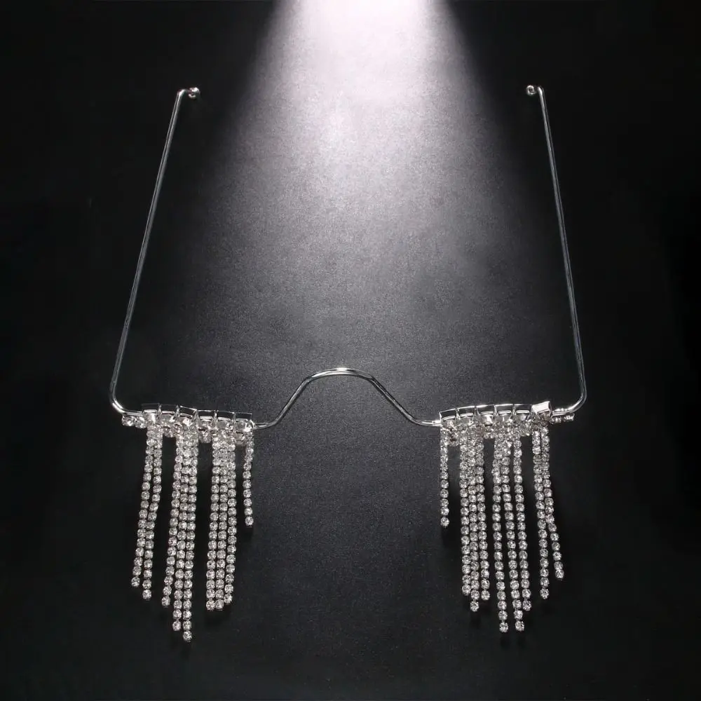 Foldable Tassel Rhinestone Eyeglass Frame Crystal No Lens Glitter Mask Decoration Sparkly Spectacle Frame Lensless