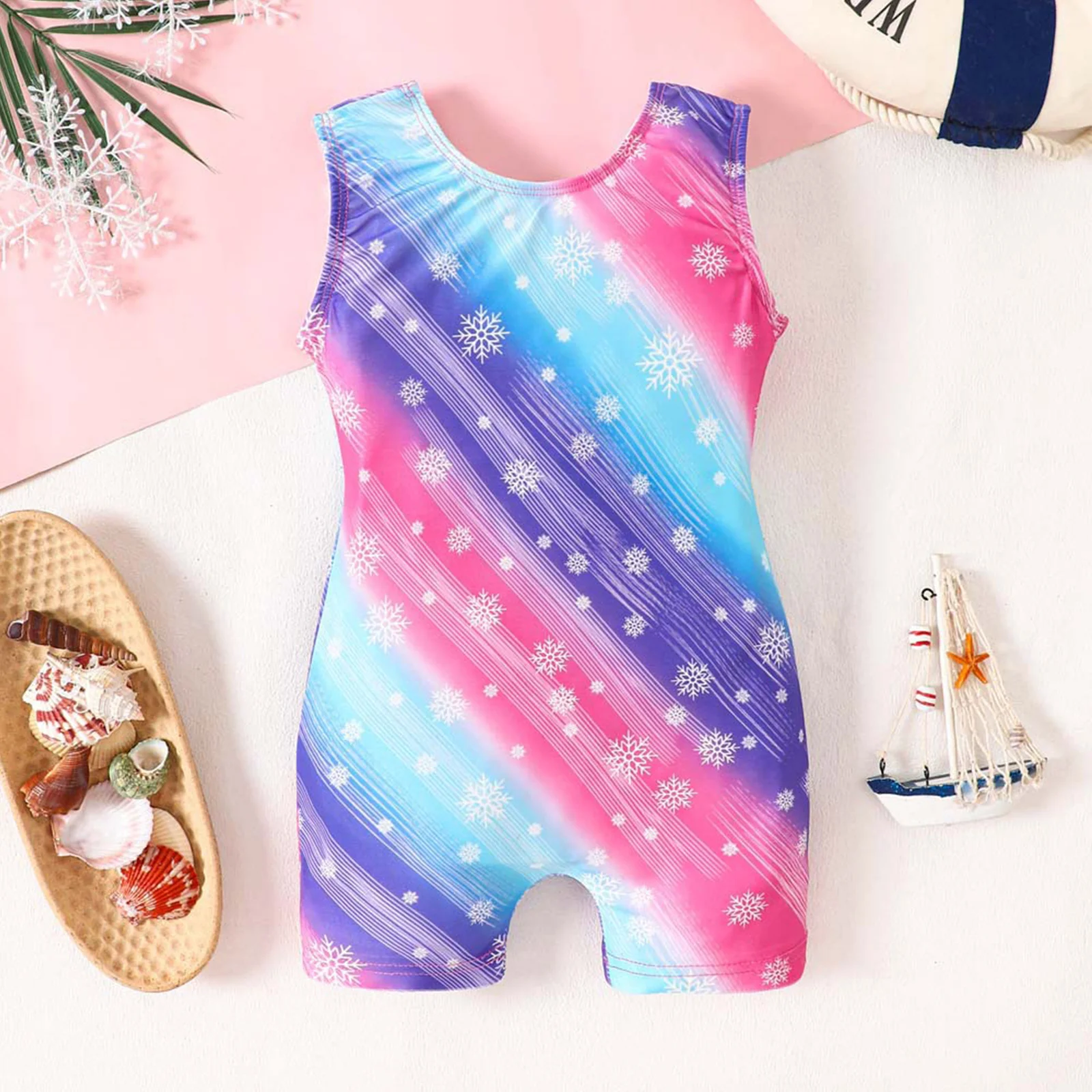 Kids Girls Stylish Printed Jumpsuit One-piece Swimsuit Sleeveless Thigh Length Bodysuit Swimwear for Swimming Surfing Snorkeling