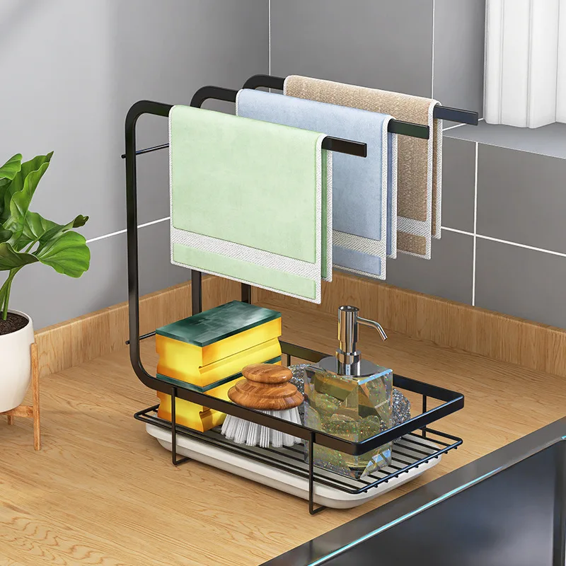 Kitchen Storage Rack Towel Sponge Drain Racks Rag Dishcloth Rack Bathroom Soap Carbon Steel Holder Sink Desktop Organizer