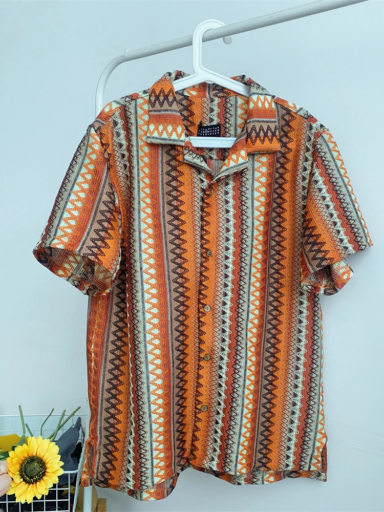 Summer New Hollow out Casual Loose Ethnic Weaving Cuban Color Block Short Sleeve Embroidered Shirt Men's Trendy Fashion