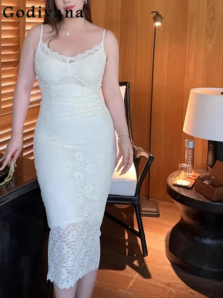 

Large Size XL-4XL French Lace Elegant High Waist Slim Suspender Dress Summer New Temperament Sexy White V-neck Long Dresses
