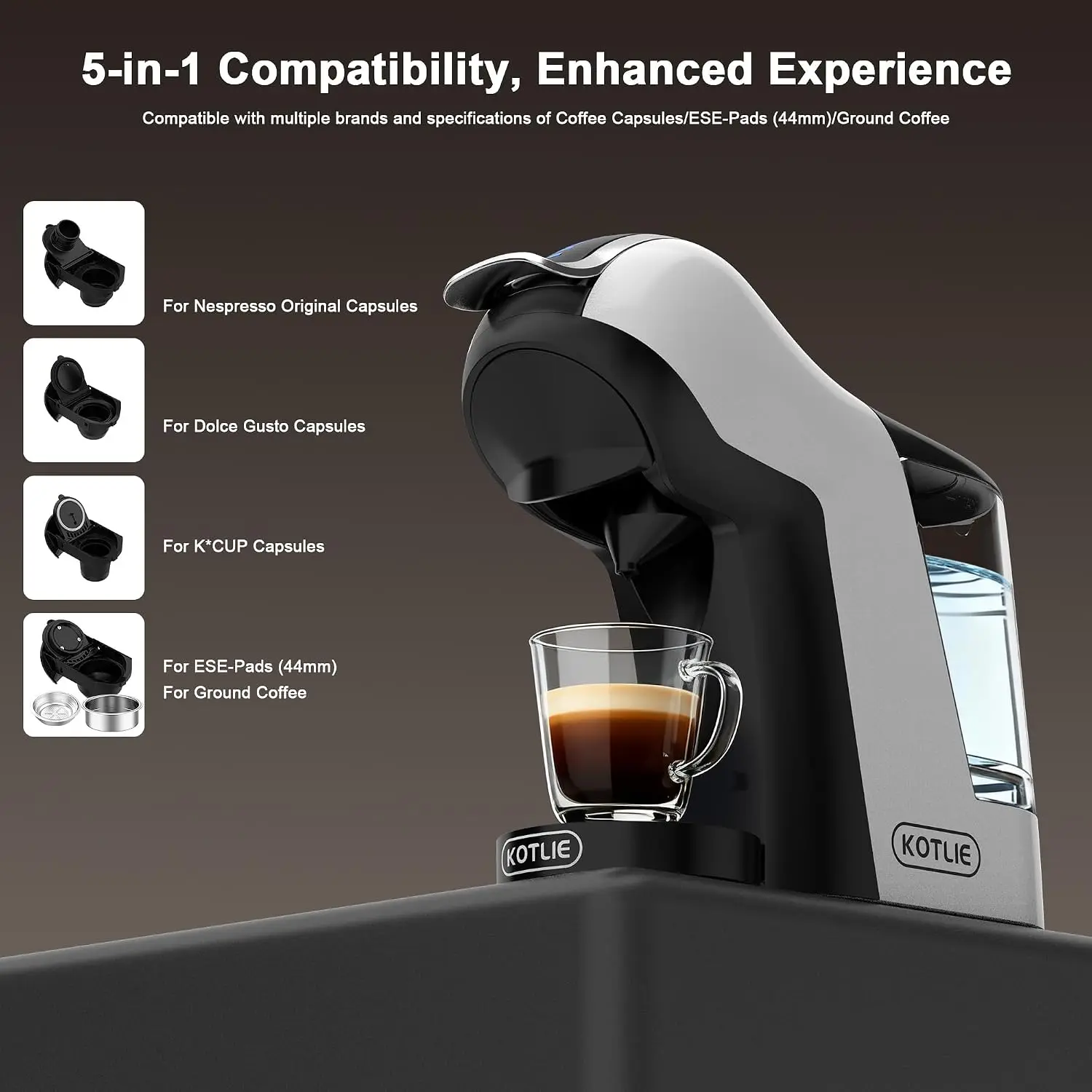 5 in 1 Coffee Maker, Single Serve Coffee Machine Compatible with K Cup, Nespresso Original, Dolce Gusto, ESE 44mm Pods and Groun