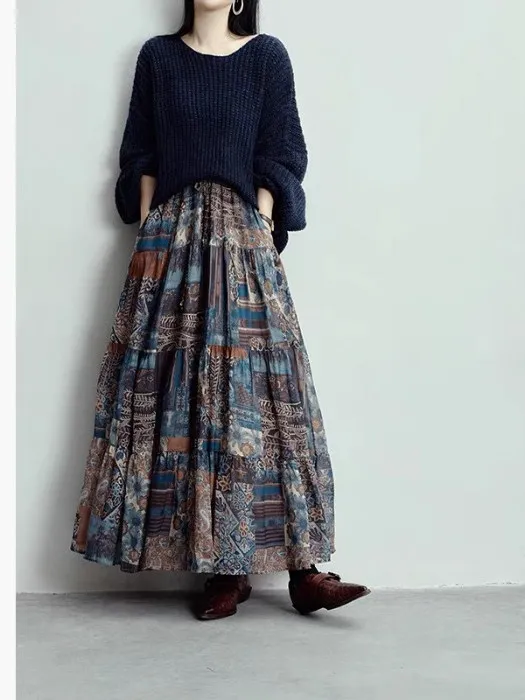 Ele บทคัดย่อพิมพ์ผ้าไหม f กระโปรง Vintage อเนกประสงค์ Draped Midi กระโปรงผู้หญิงฤดูร้อน 2025 ใหม่มาถึง