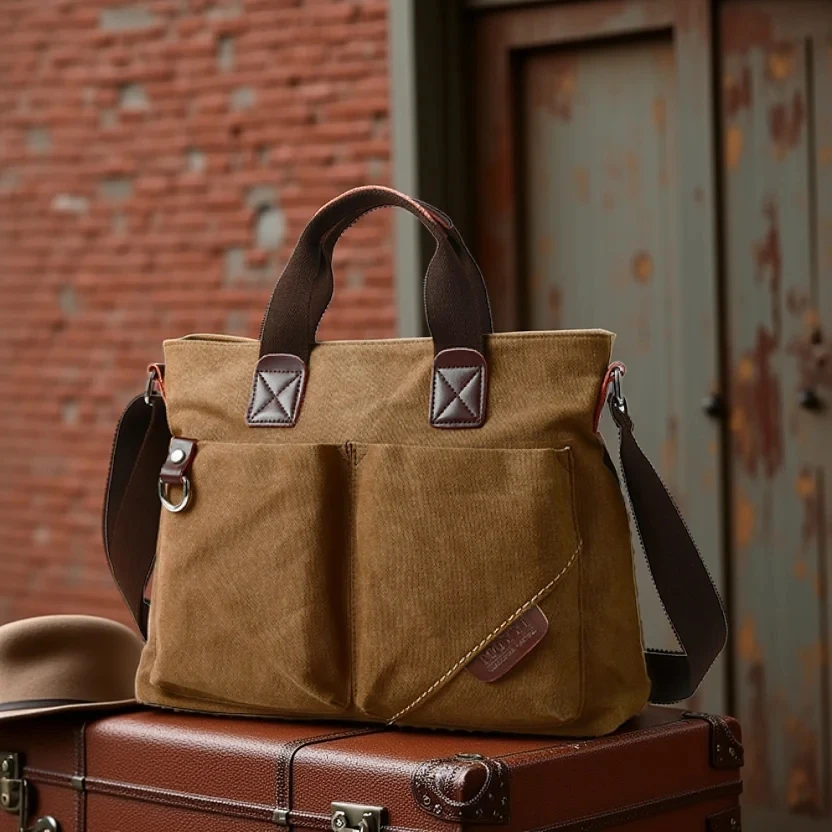 Холщовый мужской портфель для ноутбука 14 дюймов, винтажный однотонный саквояж на плечо, вместительные деловые мессенджеры в стиле ретро