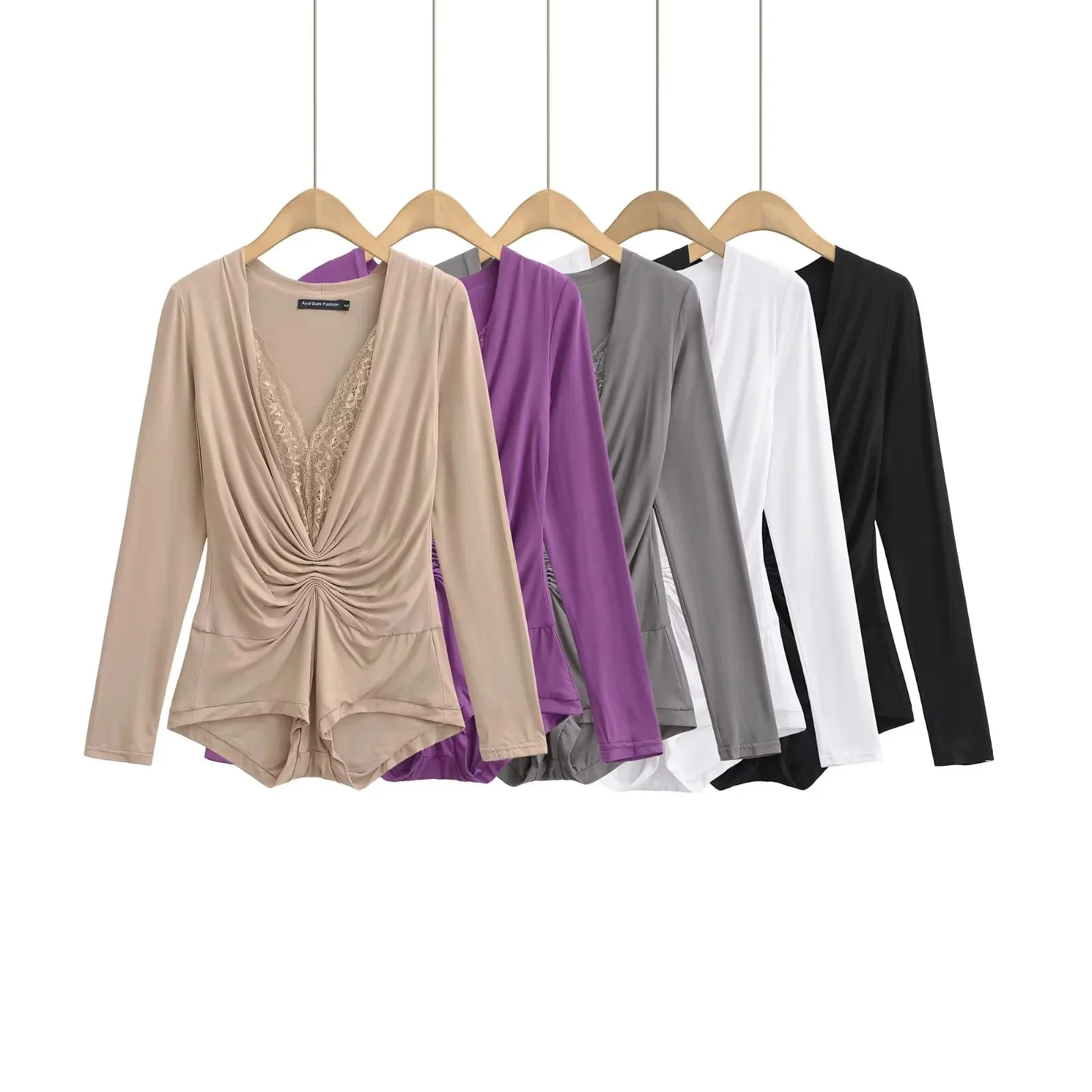 

Новая женская футболка Jin Zhini с кружевными вставками и глубоким V-образным вырезом, с длинными рукавами, утягивающая талию, облегающий топ с драпировкой K71C