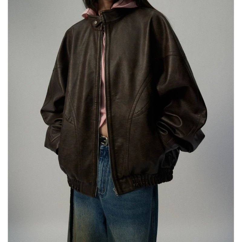 

Vintage Water-washed Distressed Neutral Style Stand-up Collar Loose Fit Bomber Jacket