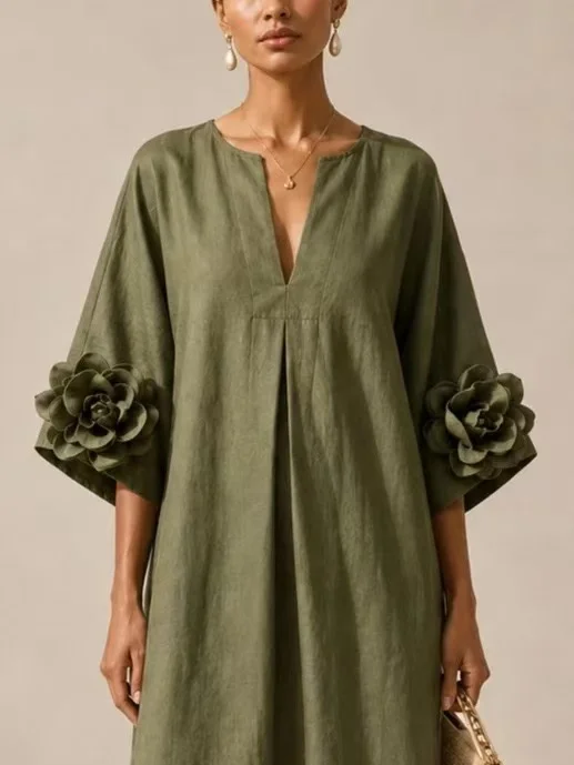 Women 2026 Olive Green V‑Neck Midi Dress, Eye‑Catching Floral Decorative Cuffs European American Style Casual Party Dress