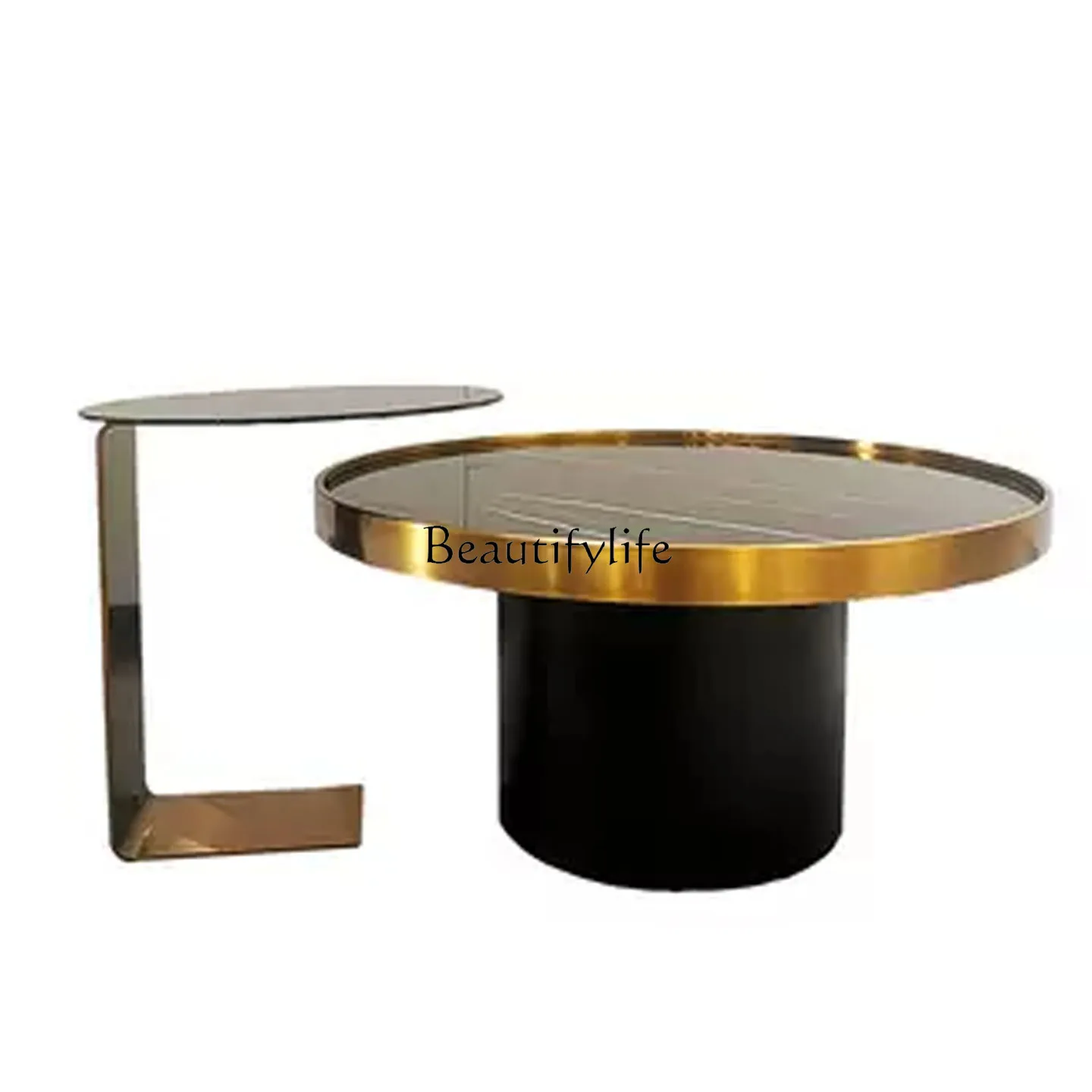 

Stainless Steel Round Tea Table Set Living Room Tempered Glass Tea Table Natural Stone Luxury Modern