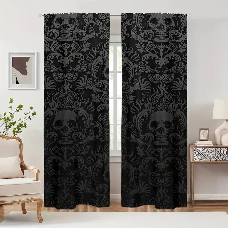 

2PCS- Halloween Skull and Flower pattern printed curtains, window decorations, home decorations, room decorations