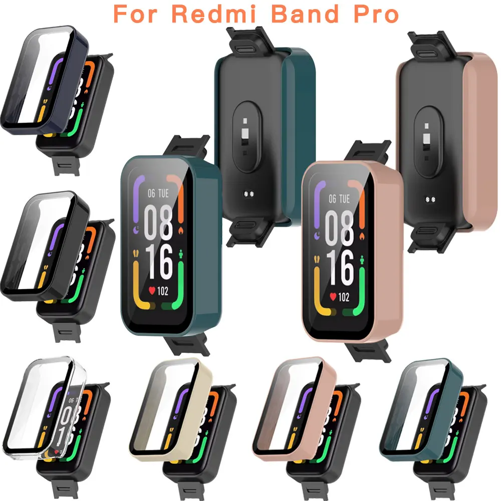حافظة لهاتف Redmi Smart Band Pro تغطية كاملة واقي شاشة من الزجاج المقسى حافظة لهاتف شاومي Redmi Band Pro كم واقي
