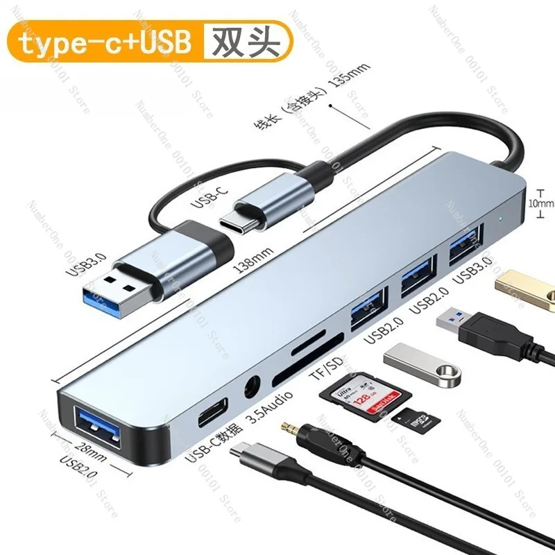 8-in-1 multi-functional SD/TF card reader docking station with dual Type-C connectors,expands laptop mobile device data access