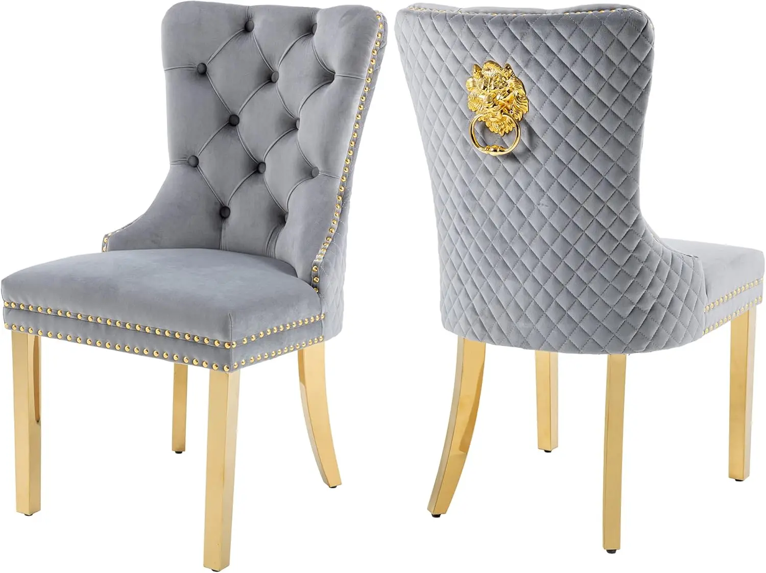 Civama Dining Chairs Set Of 2, Elegant Luxury Velvet Tufted Dining Chairs Golden Legs & Nailhead Trim, Back Lion Head Pull Ring