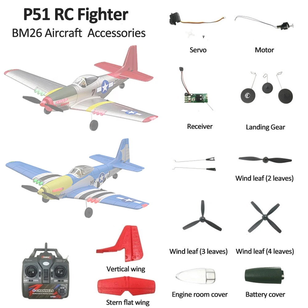 BM26 P51 RC Fighter Parts 2.4G Remote Control Accessories Original Motor , Receiver ,3.7g Steer Engine Servo,500mAh Battery Etc.