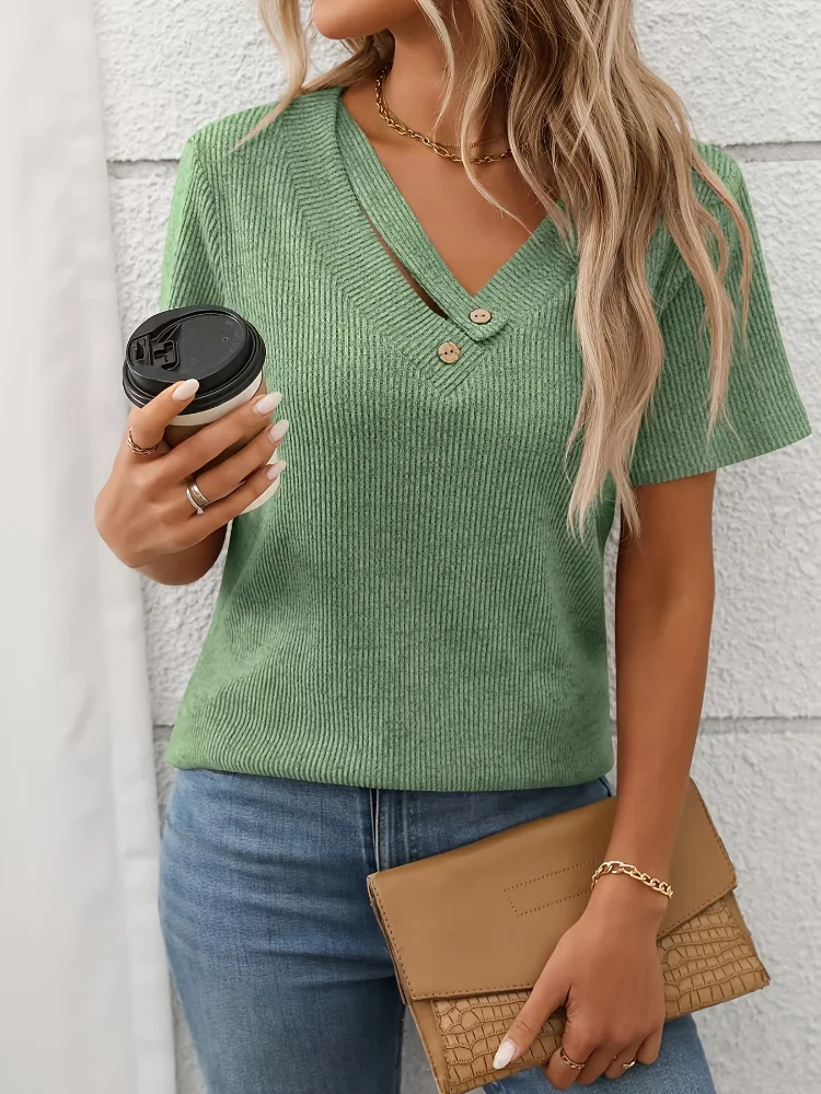 Fall 2026 New Simple Commuter Women's Knitted Pit Strip V Neck Button T-shirt Short Sleeve Top