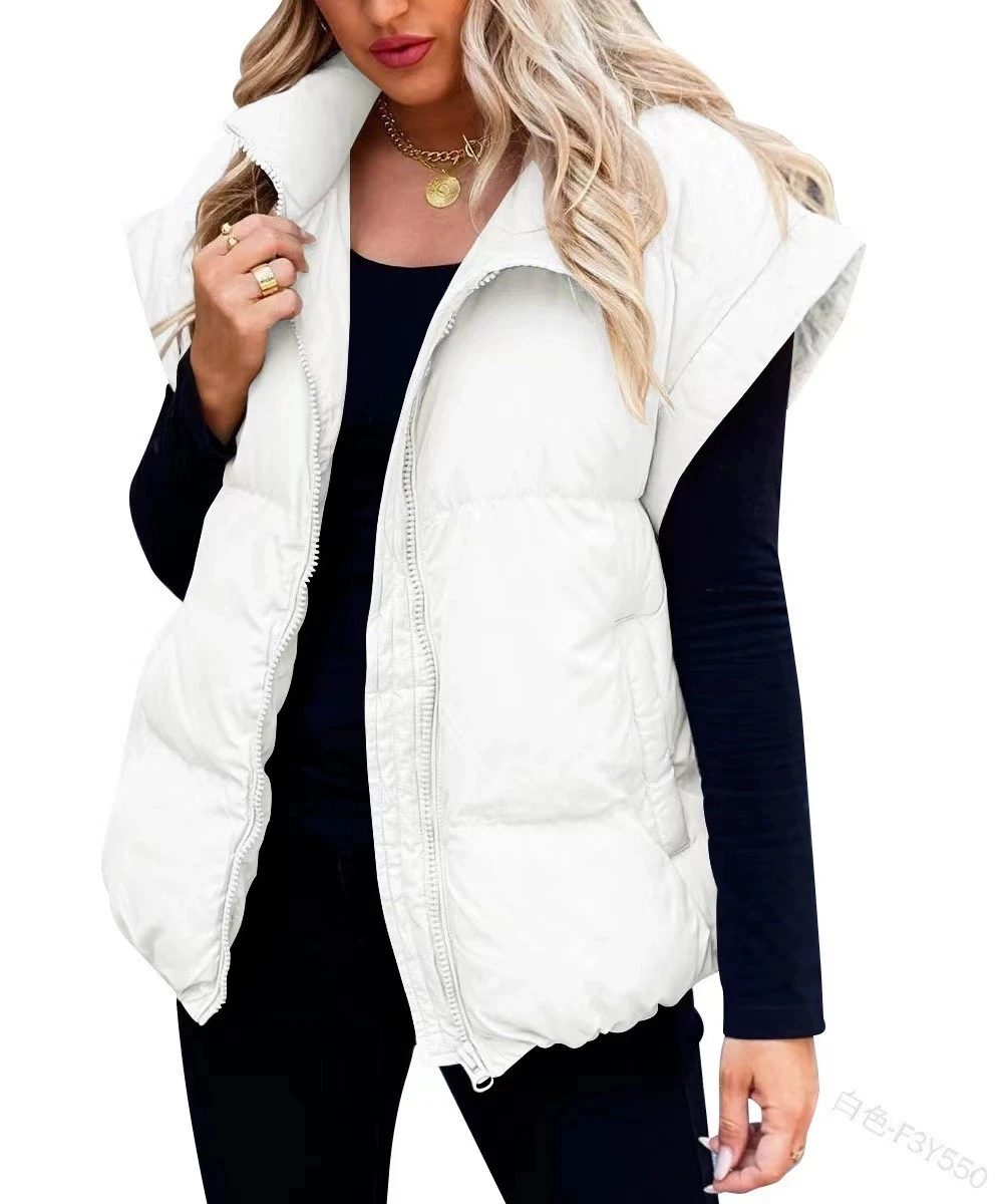 2025 nouveau femmes couleur unie fermeture éclair poche coton gilet mode col montant sans manches gilet veste femmes automne hiver gilet
