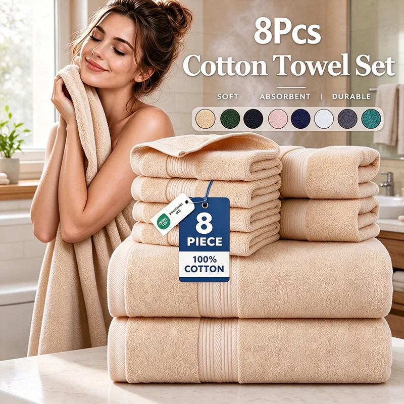 8-Piece Cotton Bath Towel Set, Soft Skin-friendly Face Towel Absorbent Quick Drying Bath Towels Wrap for Home, Gym, Spa Use