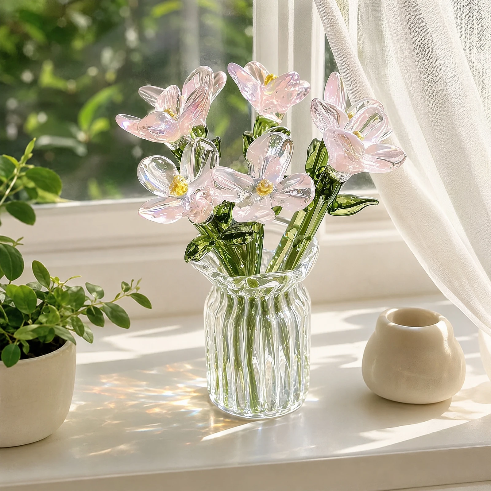 7 Pcs Cute Handmade Colorful Glass Flowers with Vase Mini Aesthetic Flower Desk Decor Gifts for Women Mom Mother Day
