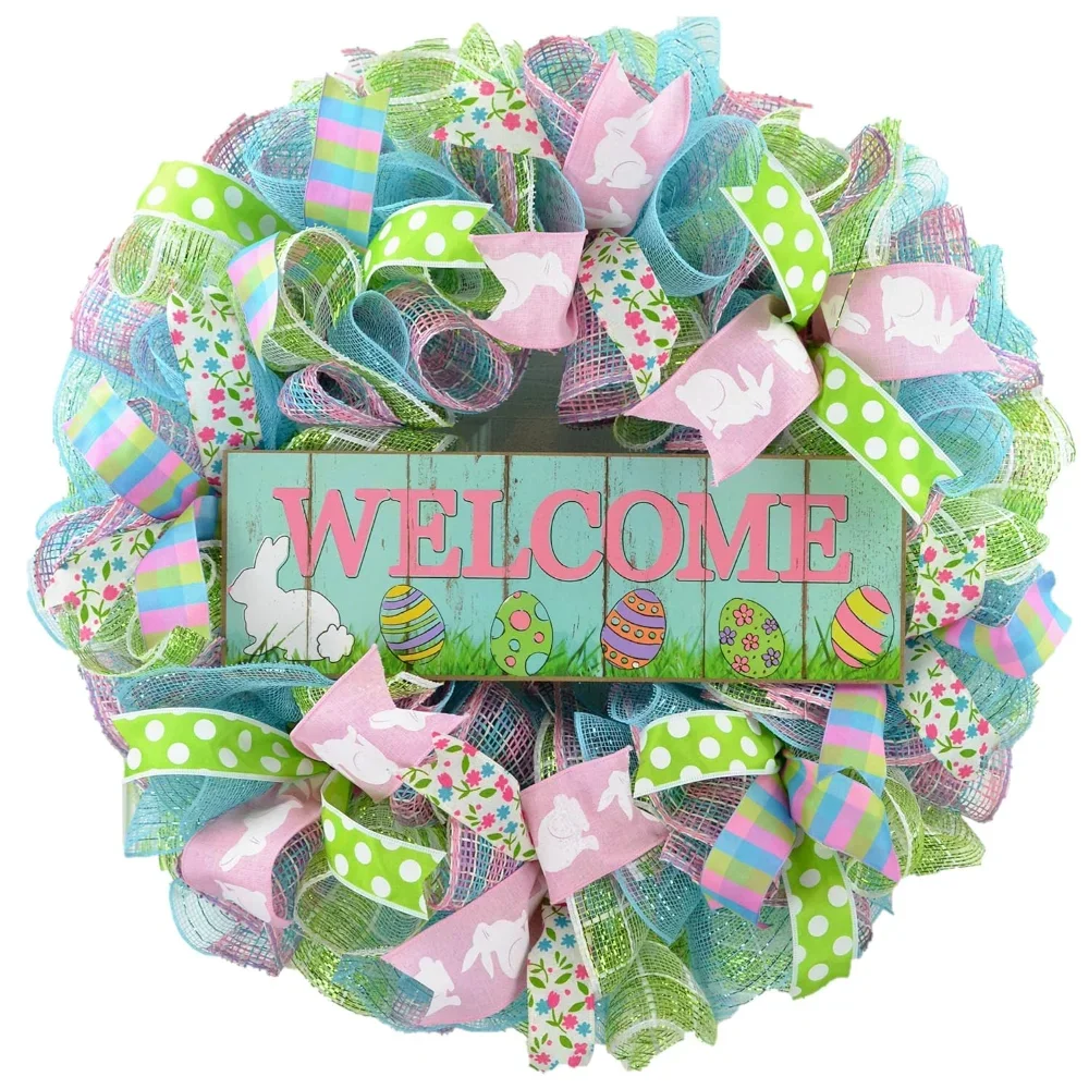 

Easter Door Wreath Easter Bunny Wreath Spring Welcome Wreath Pink Turquoise Lime Green White