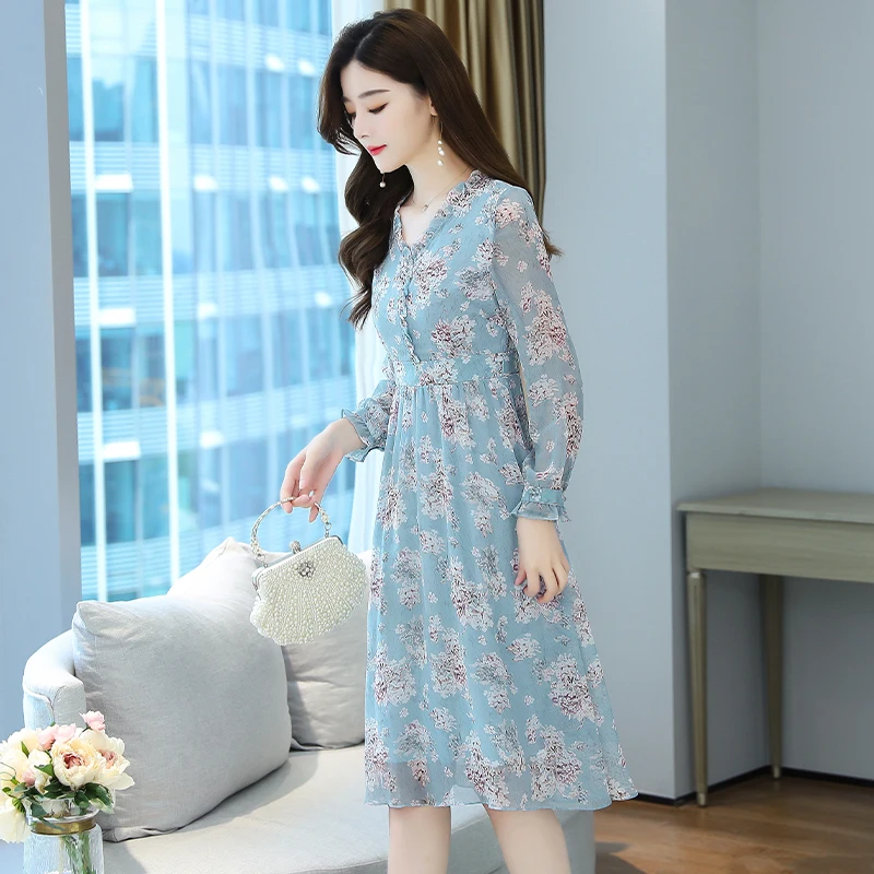 Retro Chiffon Dr frauen Frühling Neue Sle Abnehmen Taille Midi Länge Lange Sve Blumen Druck V-Ne Hohe Taille a-linie Rock