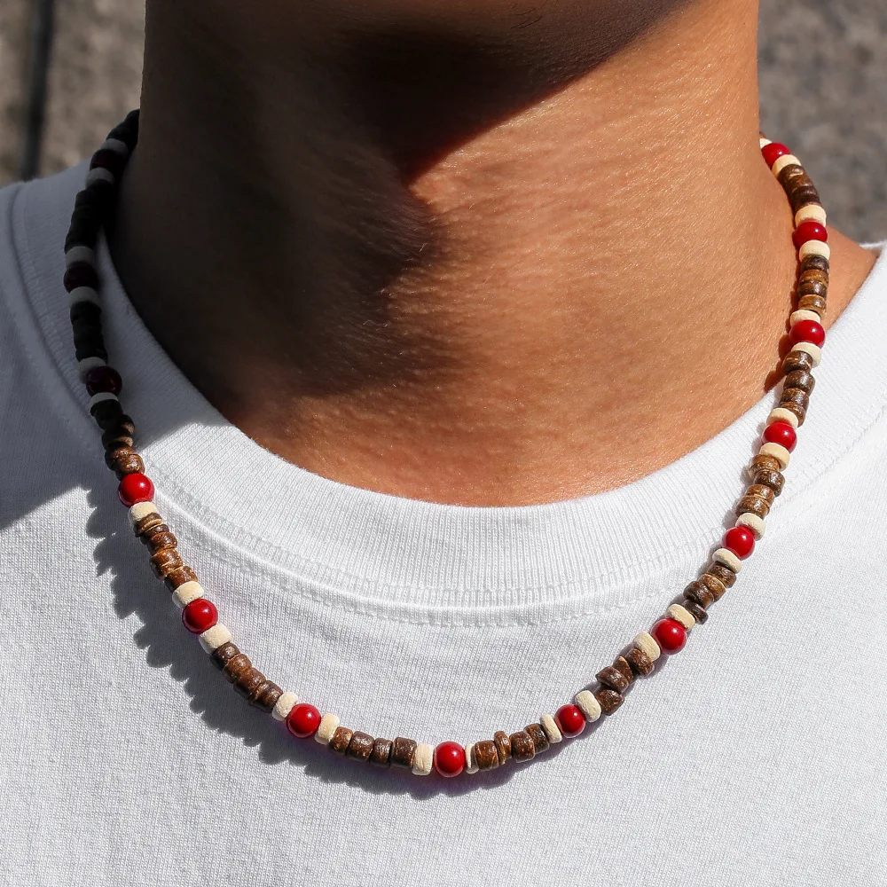 Böhmische Patchwork-Halskette aus roten Holzperlen und Kokosnussschalen für Männer, Hip-Hop, handgefertigter Choker, Retro-Schmuck, Modeaccessoire – Detail 1