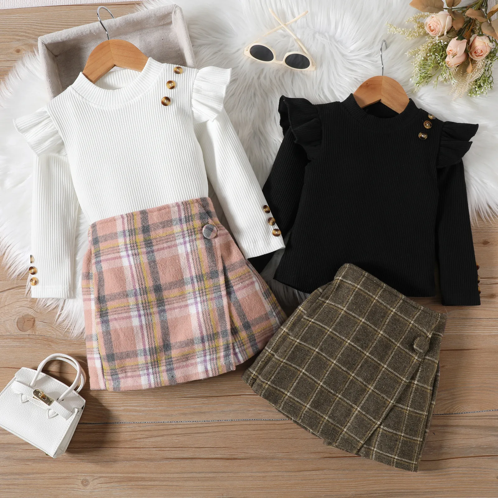 Toddler Girls Spring Autumn Clothes Sets Ribbed Black Long Sleeve Tops+Plaid Skirt Two Piece Suit 1 2 3 4 5 6 Years Kids Clothes