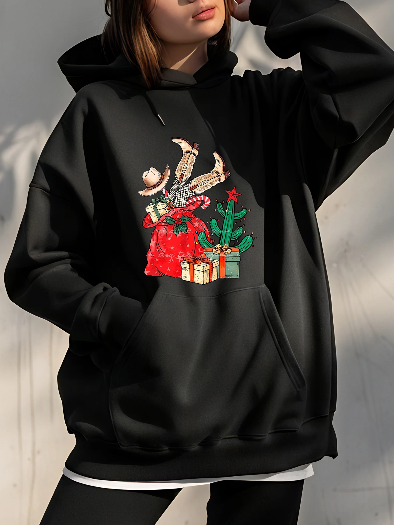 Natal moletom com capuz árvore de natal cactus santa saco impressão unisex moletom casual feminino masculino férias moda