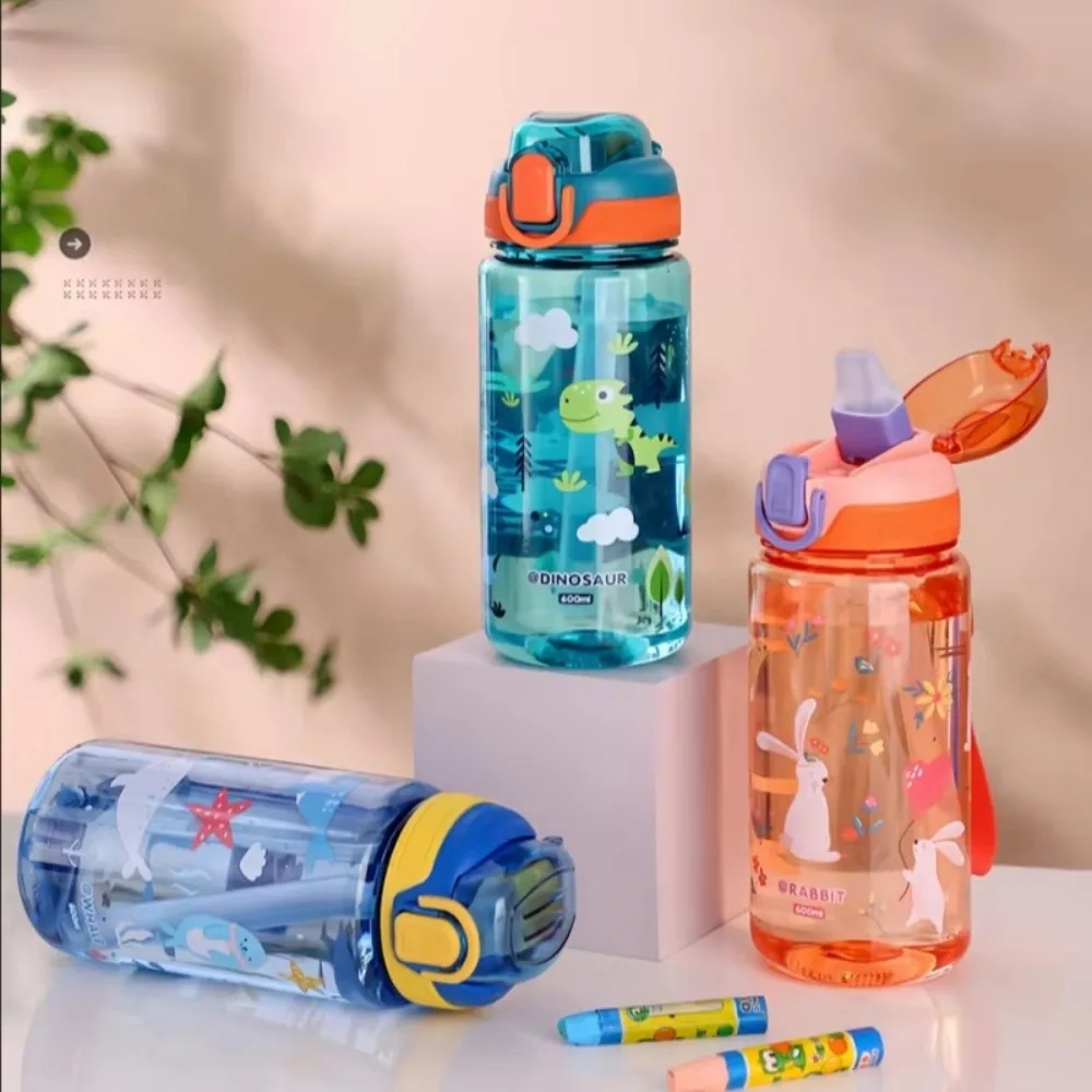 Portable 600ml Water Bottle With Silicone Straw Dinosaur Kids Water Cup Plastic Leakproof Water Sippy Cup For Kids