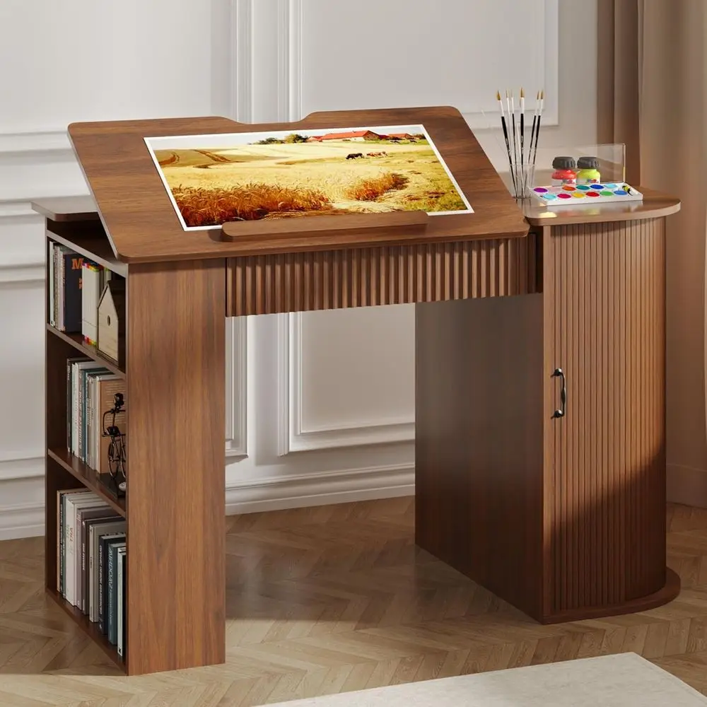 Storage Cabinet Desk with Drawers, Open Shelving Workstation for Artists, Painters, and Writers