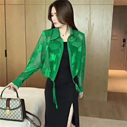 Chiffon Shirt Sun Protection Jacket And new spring 2023 Summer Fashiona long sleeve short jacket Green Thin Lace Up Jackets Top