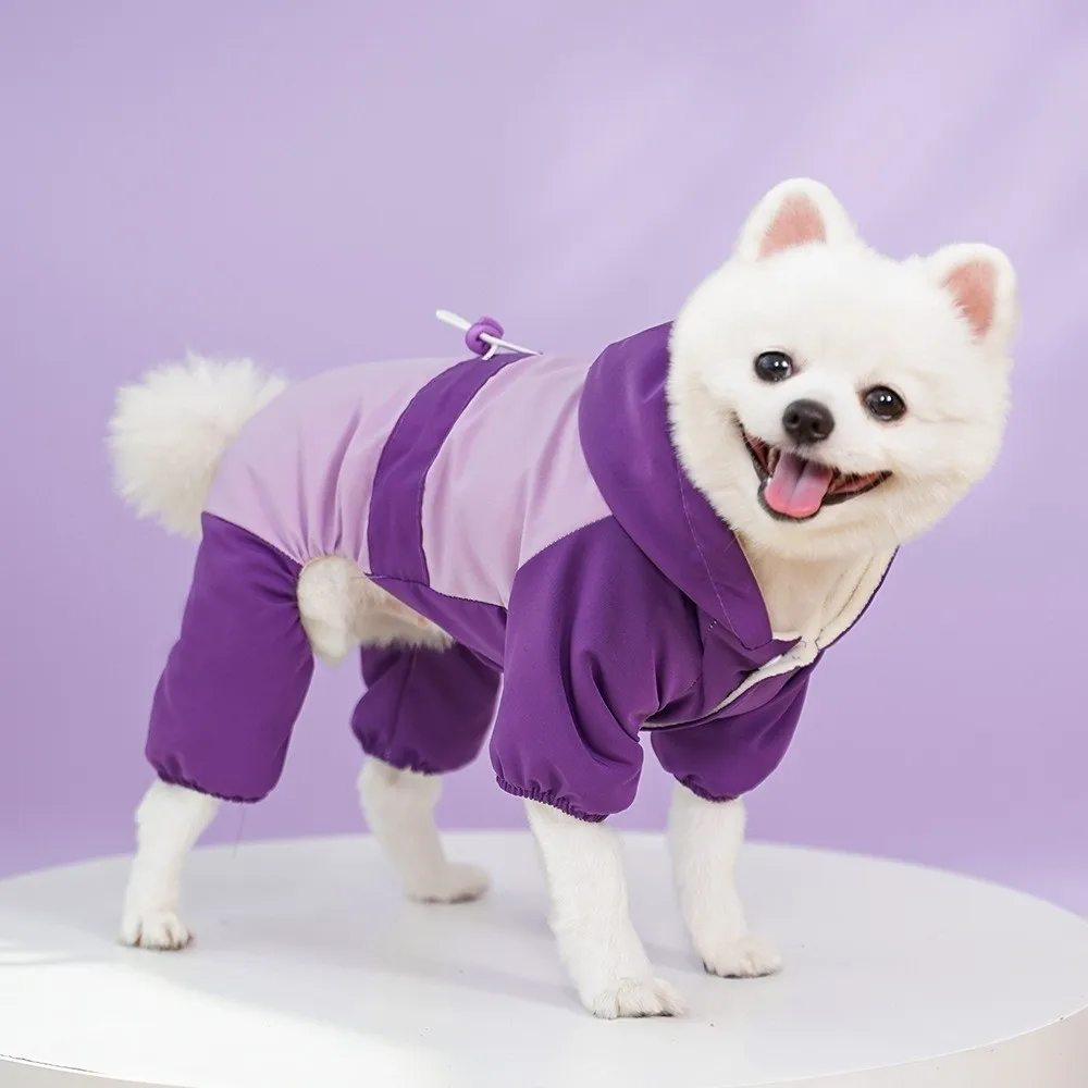 Windproof Dog Hooded Jumpsuit Thick Velvet Adjustable Dog Four Legged Clothes Comfortable Winter Warm Puppy Storm Coat Indoor