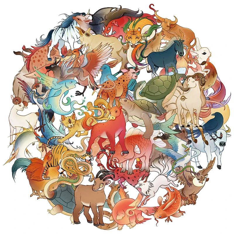 50PCS Vintage Chinese Mythical Animals Stickers Fantasy Monster Decals for Scrapbooking Journaling Laptops Decoration