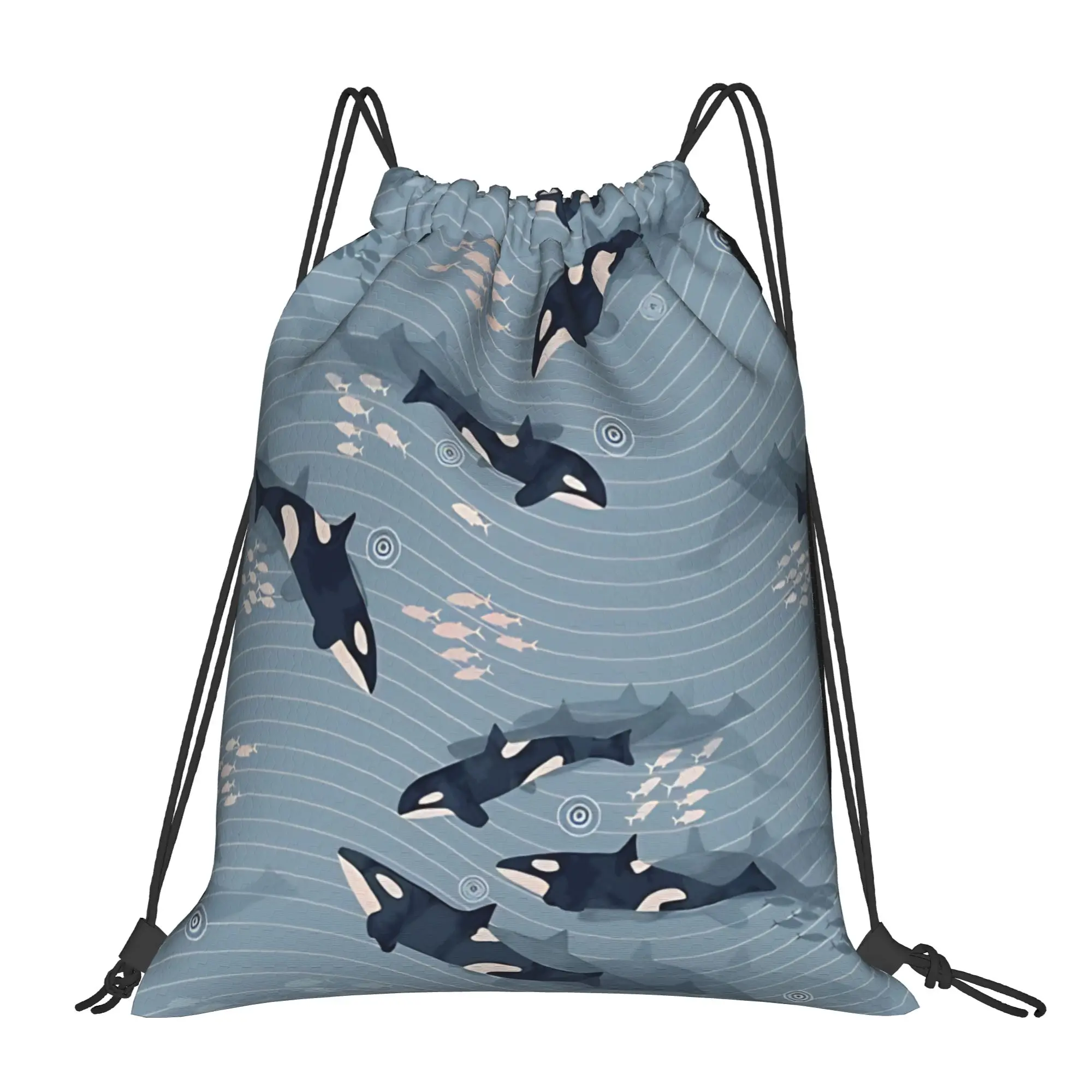 Pink Whales Orca in Motion  blue gray ocean Portable Travel Riding Gym Drawstring Storage Sporty Backpacks