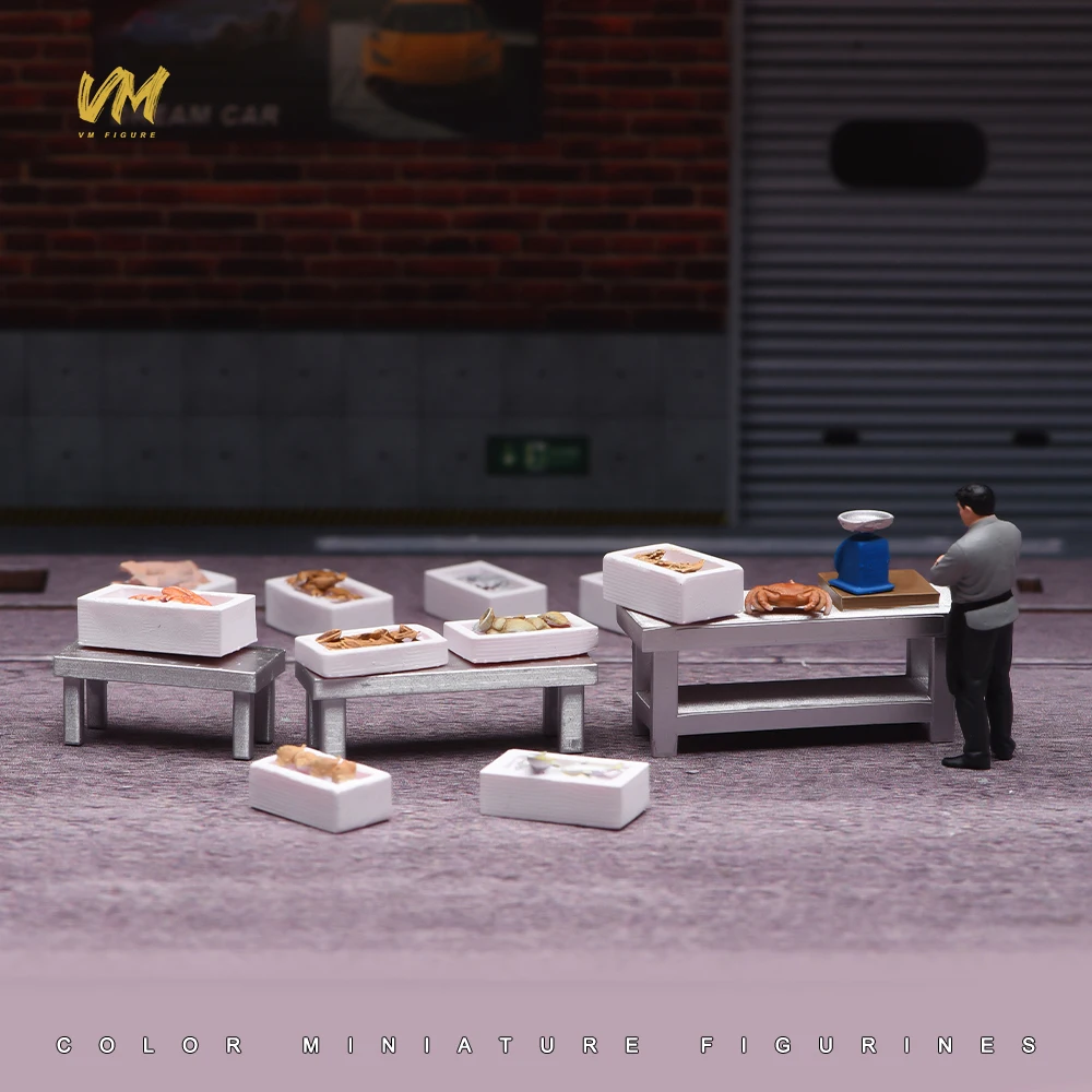 Painted Miniature 1/87 1/64 Male Fish Vendor Market Shop Figure Model Mini Doll Street Scene Props Display Decor