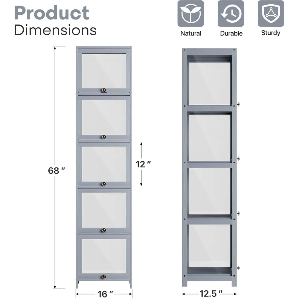 5-shelf transparent showcase cabinet with acrylic flip doors for collectibles, toys, and books storage