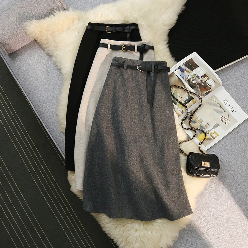 Vintage Woolen Midi Skirt Women Elegant with Belt Black Skirts Winter Office Ladies Korean High Waist All Match A Line Skirt New