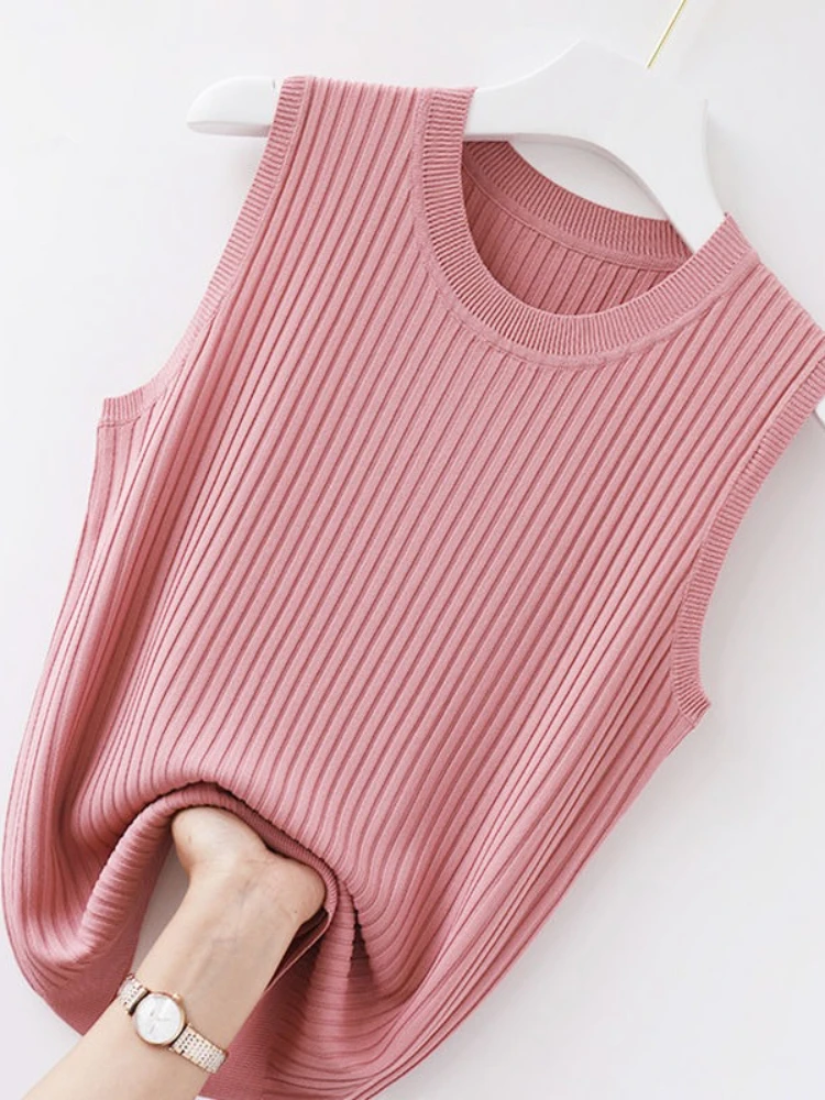 قميص قصير نسائي مريح بلون سادة لعام 2025، قميص صيفي محبوك أبيض قصير بدون أكمام #5