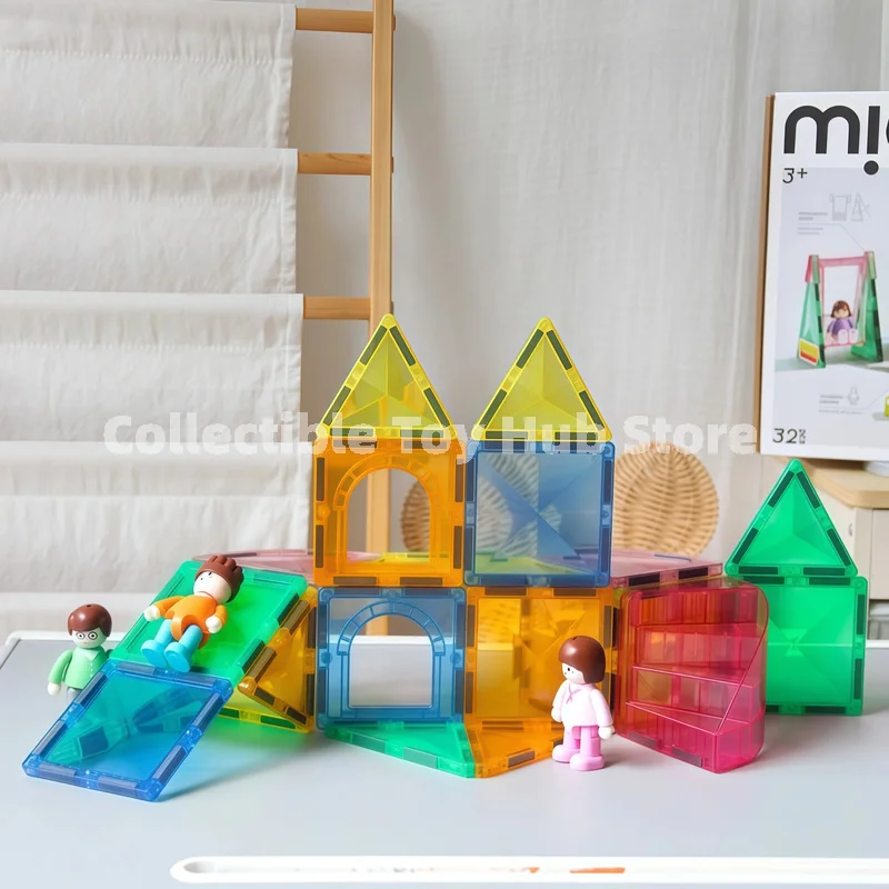 In Stock Colorful Magnetic Tile 32 Pcs Set Transparent Magnet Building Blocks With Magnetic Dolls Birthday Gift Toy Holiday Gift