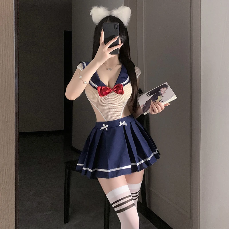 Сексуальное милое боди школьницы, униформа JK для косплея, сетчатый комбинезон, плиссированная мини-юбка, кавайная студенческая одежда для ролевых игр