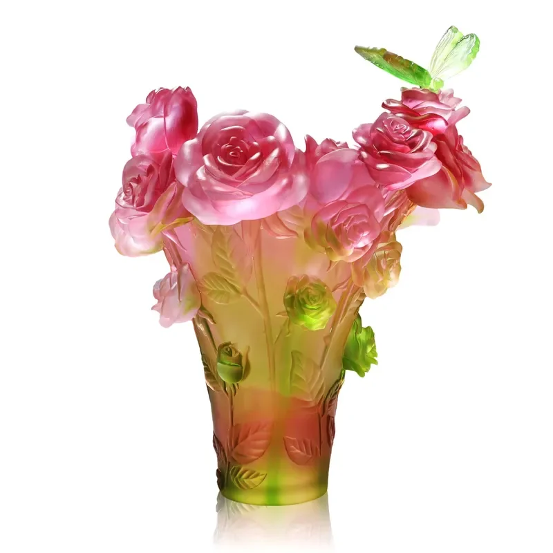 Liuli Artistic Crystal Vase Lost Wax Casting Technique Floral Pattern Relief Carving Fashion Trend Shape Living Room Home