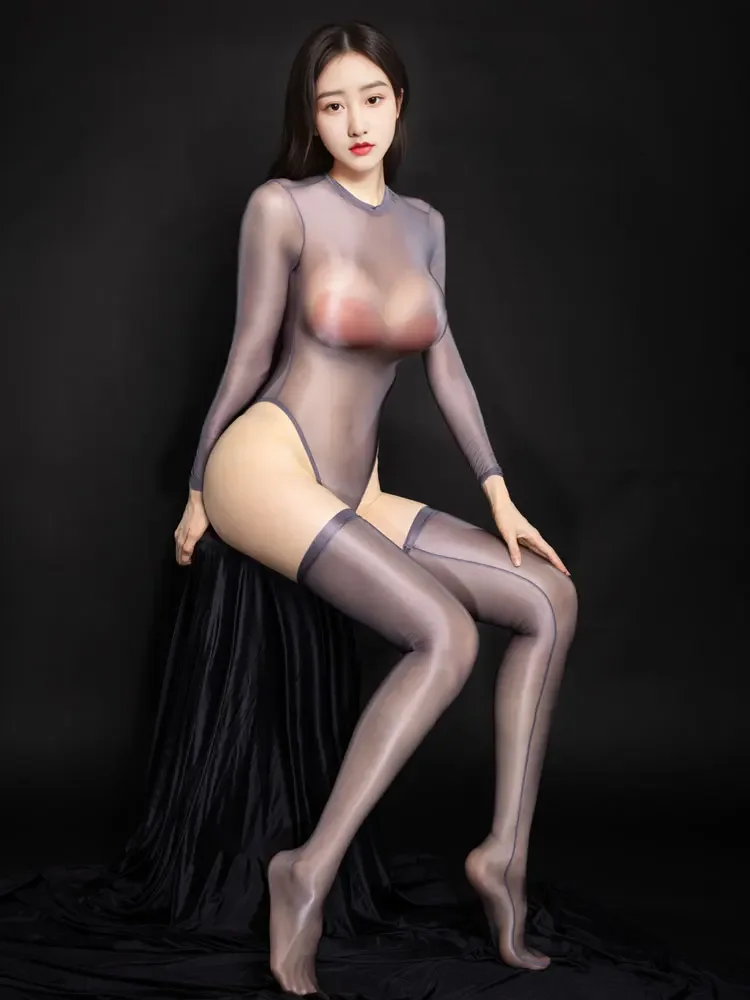 Sexy Satin Shiny Long Sleeve Bodysuit Tops For Women High Elastic Sheer Transparent Tights Shaper Wear Elegant Club Leotard New