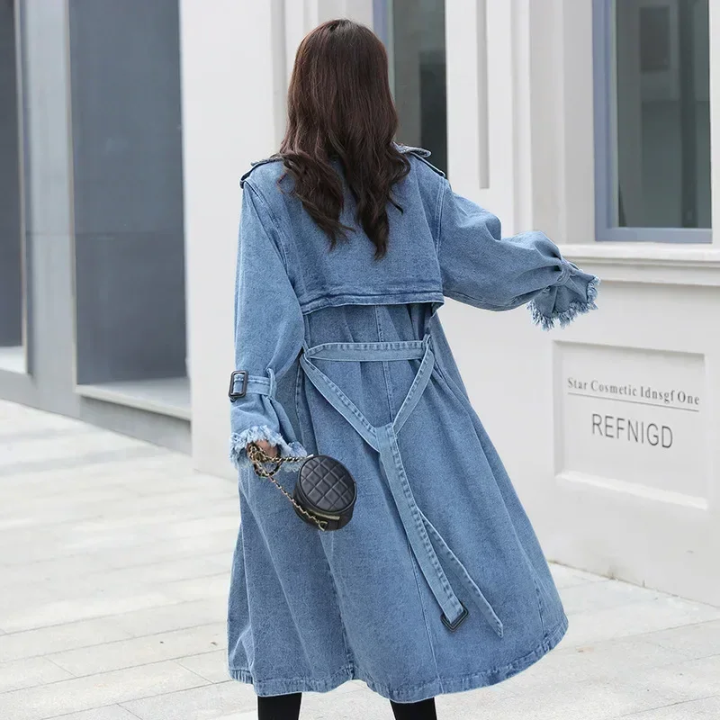 QNPQYX Women's Denim Trench Coat Autumn Double Breasted Belted Casual Jean Overcoat Loose Long Windbreaker Jacket Couple Models